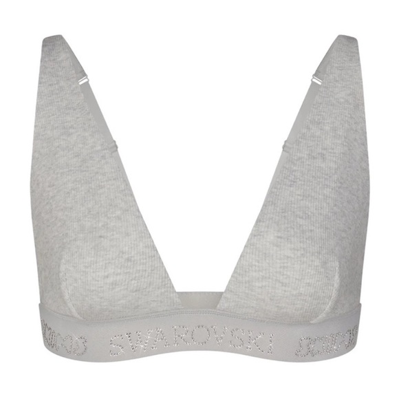 Skims x Swarovski Cotton Rib Crystal Plunge Bralette Light Heather Grey XL NEW - Picture 3 of 10